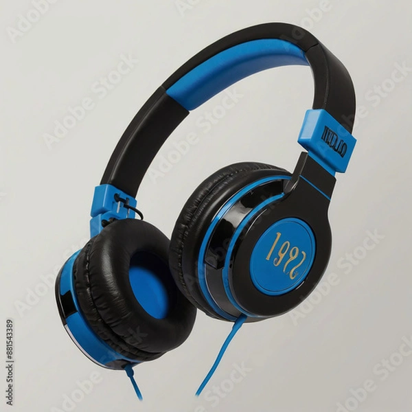 Obraz Black and blue headphones with the word on the table ai photo