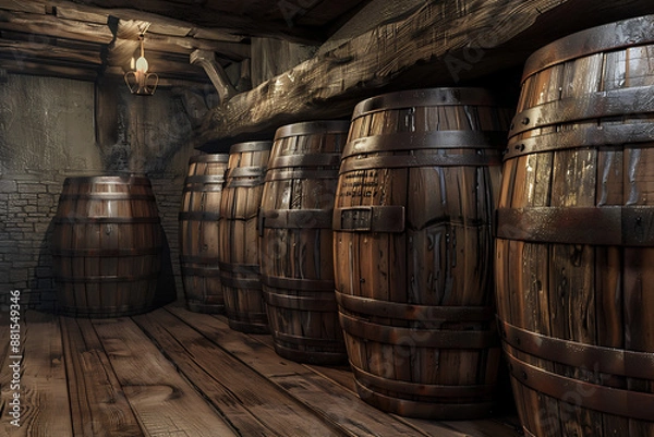 Obraz A room with wooden Stacked pile of old barrels