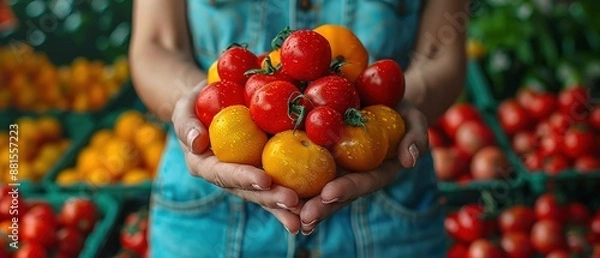 Fototapeta Close-up of a person holding fresh tomatoes and bell peppers in hands, showcasing vibrant colors and healthy produce at a market.