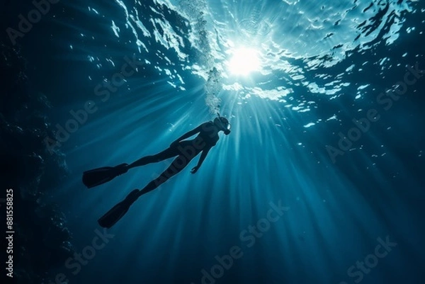 Obraz free diver into deep blue ocean