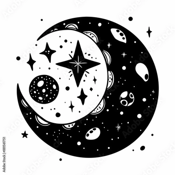 Fototapeta Abstract Celestial Art Black and White Moon Stars Universe Design