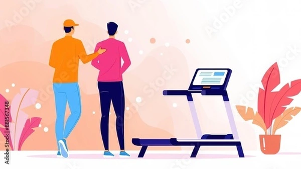Fototapeta Two men discussing fitness goals while looking at a treadmill in a gym.