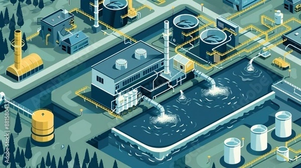 Fototapeta an educational infographic on industrial water management, featuring methods for conservation, reduced usage, wastewater treatment, and sustainability advancements