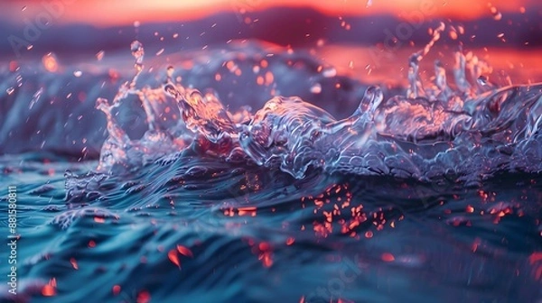 Fototapeta Abstract Water Splash with Red Glowing Particles.
