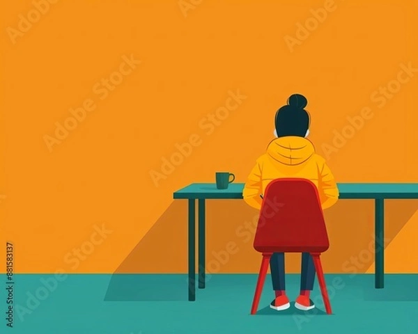 Fototapeta Child at desk, school classroom, studying, flat design illustration