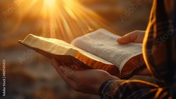 Obraz hands hold an open Bible, the sun's rays fall on the Bible.