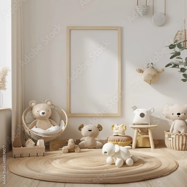 Fototapeta A cozy children's room features a neutral color palette with various plush toys and natural wooden furniture, centered around an empty picture frame on the wall. 3D render.