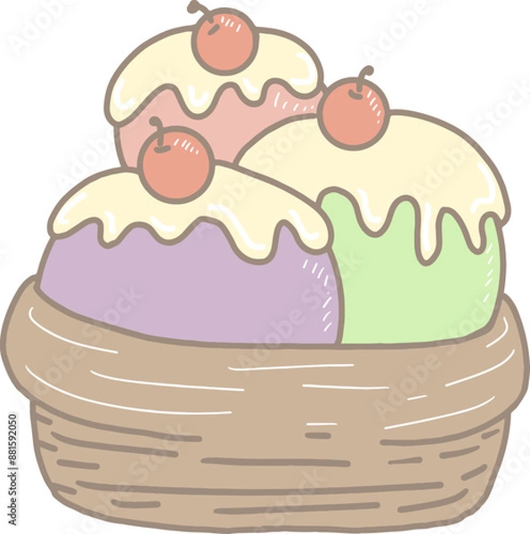 Fototapeta Colorful cartoon popsicles with three strawberries, lemons, and grapes in one cup, all in a wooden cup. Decorate with cream and cherries