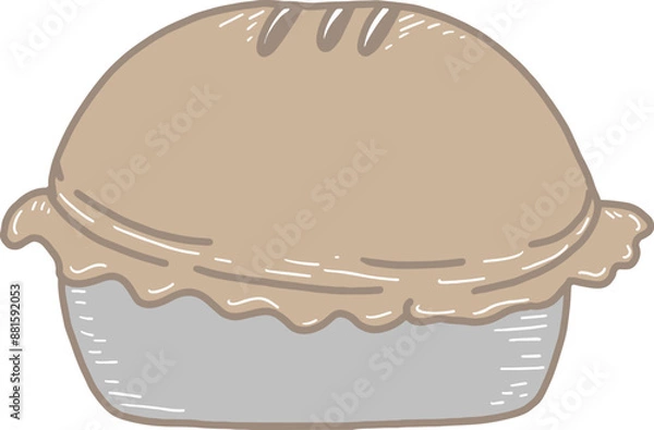 Fototapeta Cartoon pie in a brown metal pan baked until puffed and round with three lines on the top