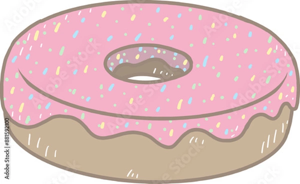 Fototapeta Cartoon chocolate donut with a hole in the middle coated with strawberry-flavored sugar. and sprinkle rainbow