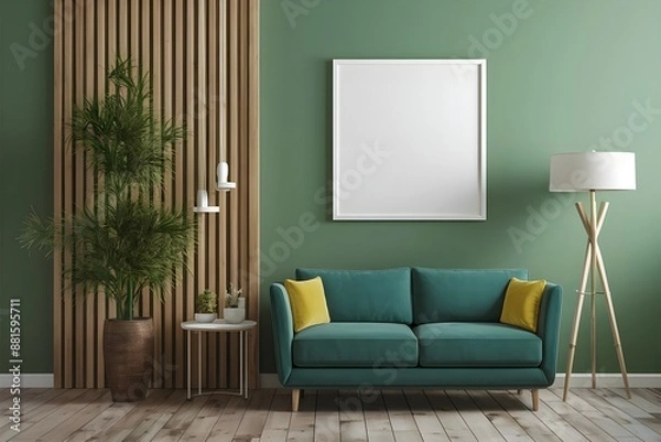 Fototapeta modern living room with sofa and frame mockup,  frame mockup on green wall