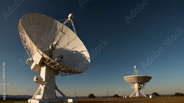 Fototapeta radio telescope at sunset,  laser signal down to earth, the sleek metallic surface glinting in the solar rays. The mounted dish, positioned at the perfect angle