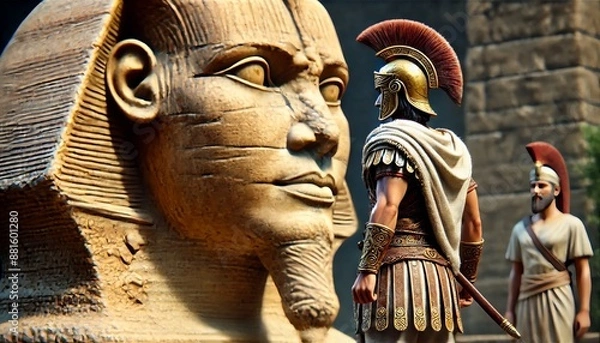 Fototapeta A detailed, focused image of a character in traditional attire of a different ancient civilization standing close to a massive Sphinx.