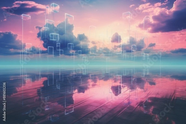 Obraz Digital Skyline Reflecting in a Calm Sea at Sunset
