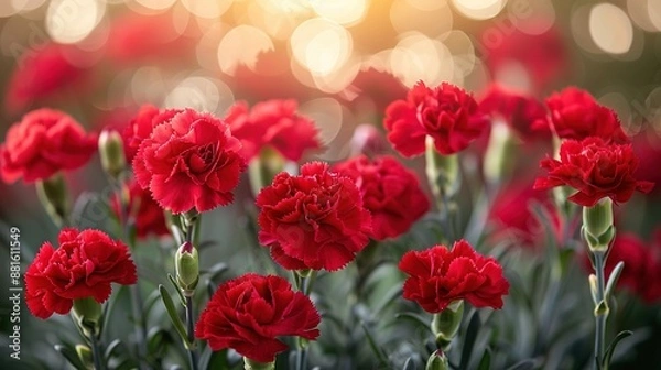 Fototapeta   A field of red carnations, bathed in soft light, with a blurred background