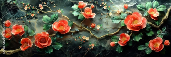 Fototapeta パネルの壁アート、壁の装飾、花のデザインの大理石の背景