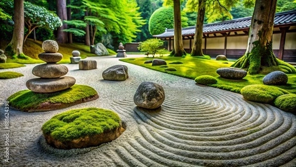 Fototapeta Serenity exudes from meticulously arranged stones and moss in a tranquil, minimalist Japanese-inspired garden, evoking feelings of calm contemplation.