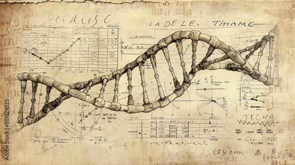 Obraz Vintage DNA Strand Illustration with Scientific Notes - Generative AI