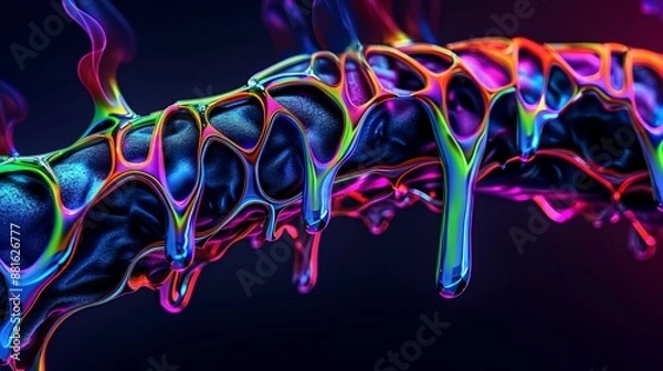Fototapeta Closeup of organic shape on black background thick spreading smoke with neon bluegreenorange color on edges shape with surface dispersion and oil With hyperrealistic visualization created with SideFX