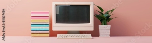 Fototapeta Retro Computing Nostalgia: Classic Computer and Books