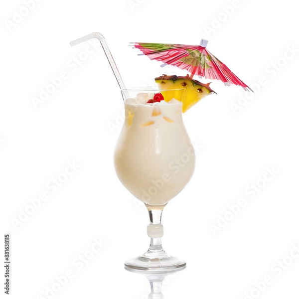 Fototapeta Pina Colada cocktail in a glass with a straw, decorated with a paper umbrella, pineapple slice, and cherries. The image highlights a refreshing tropical drink, perfect for summer.