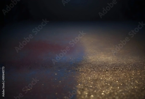 Fototapeta Abstract gold dust powder composition all over an empty monochrome stage set floor background, spotlights focusing light on it