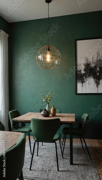 Fototapeta Dining Room with Green Walls and Velvet Chairs