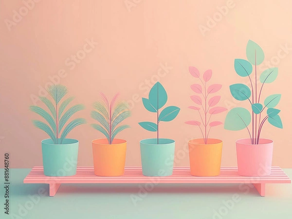Obraz たくさんの植木鉢に植えられた観葉植物が、台の上に乗っているイラスト。