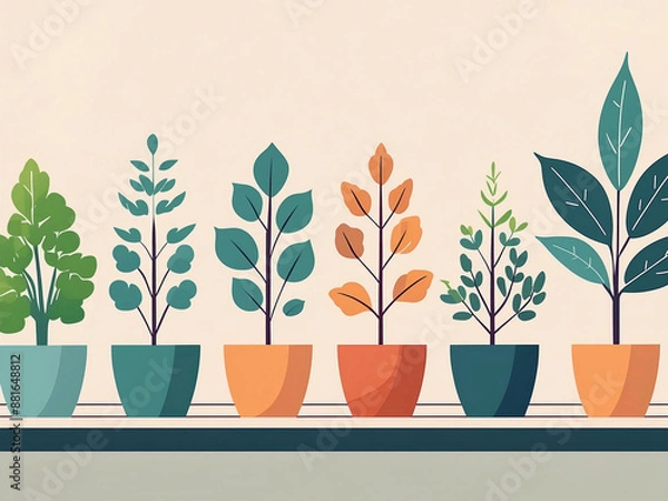 Obraz たくさんの植木鉢に植えられた観葉植物が、台の上に乗っているイラスト。