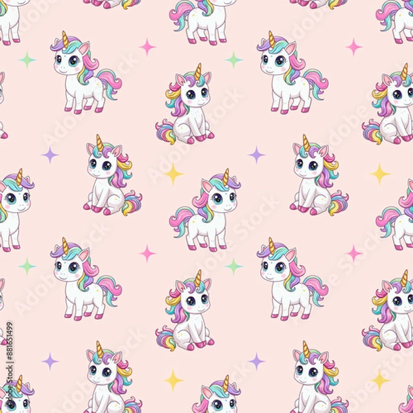 Fototapeta Seamless pattern of cute unicorns. The background is a magical pony with a golden horn.