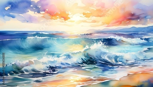 Fototapeta Serene watercolor scene of a calm ocean with gently lapping waves and a distant horizon at sunset. Illustration. 2