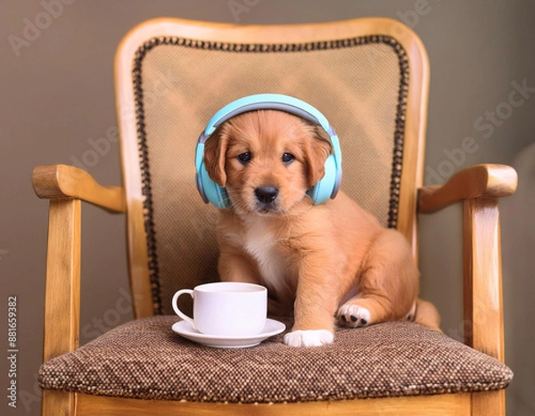 Obraz 의자에 앉아 커피를 마시고 음악을 듣는 강아지