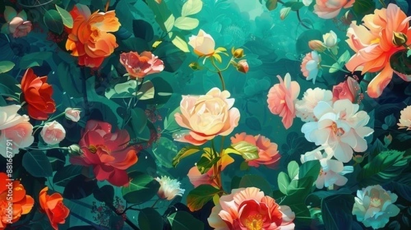 Fototapeta Floral blooms emerging from a debit card, detailed background, symbolizing financial prosperity, set against a vibrant garden backdrop