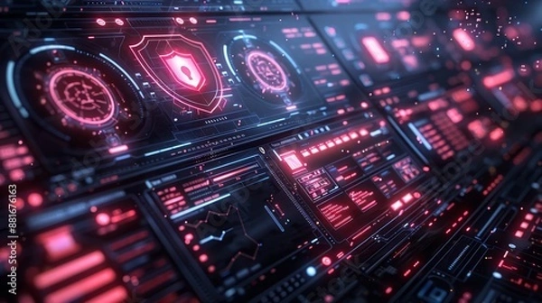 Obraz Futuristic Cybersecurity Interface with Data Analysis - Generative AI