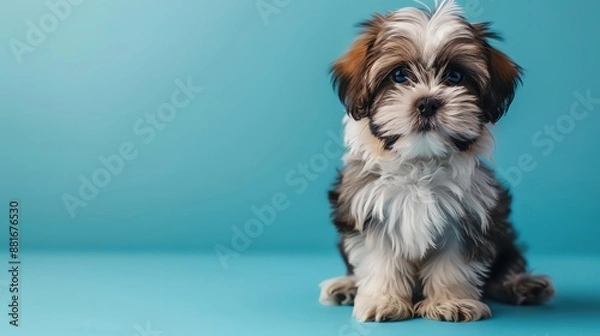 Obraz A cute Shih Tzu puppy sitting on a baby blue background with space above for text