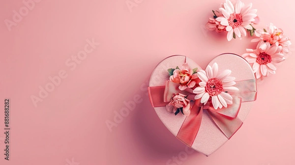 Obraz Elegant heart gift box with flowers, with pink plain background suitable for Valentine's, Christmas, birthdays, Mother's Day, and more. Includes space for text. Simple design. 