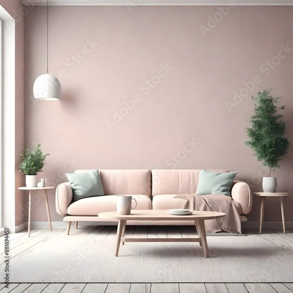 Fototapeta Scandinavian style interior with sofa and coffee table. Empty wall mock up in minimalist interior with pastel colors.