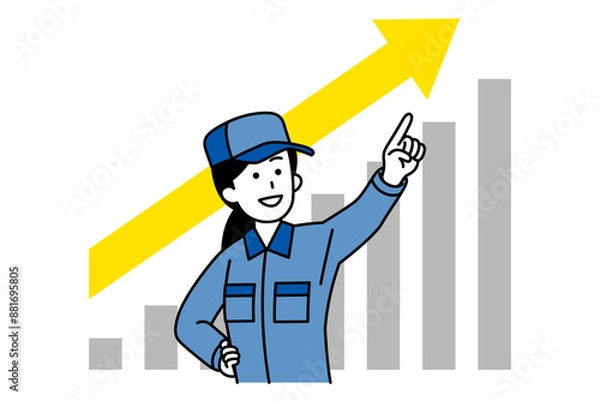 Fototapeta 右肩上がりで成長するグラフと遠くを指差すつなぎ作業服の女性