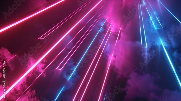 Fototapeta 3d rendering, abstract neon background with ascending pink blue red glowing lines, light beam. Fantastic wallpaper with colorful laser rays
