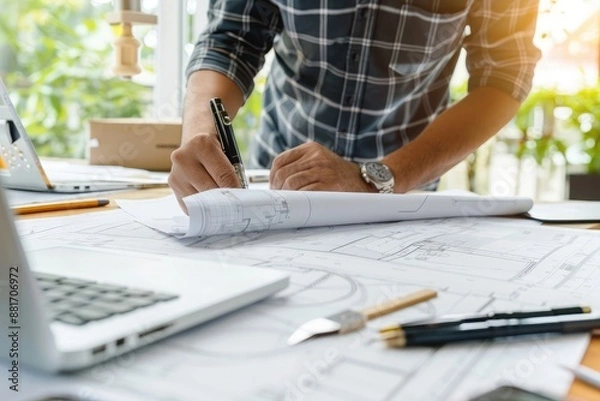 Fototapeta Architect or engineer working on blueprint at office desk, Construction concept.