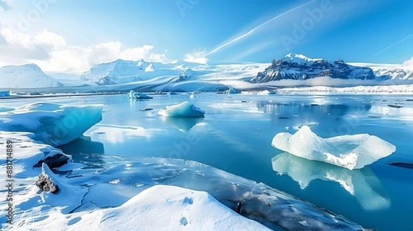Fototapeta Serene view of the jokulsarlon glacier lagoon in iceland, featuring vivid blue icebergs against a backdrop of snowy mountains under a clear sky. 