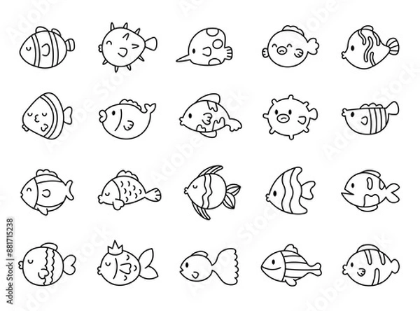 Fototapeta Different funny cartoon fishes. Coloring Page. Cute underwater animals. Hand style. Vector drawing. Collection of design elements.
