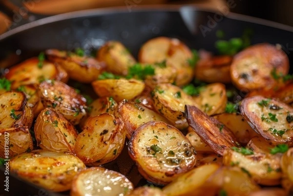 Obraz A delicious serving of roasted baby potatoes is presented in a skillet, garnished with fresh herbs. The potatoes are perfectly cooked to a golden-brown crisp, with a mouth-watering texture and savory 