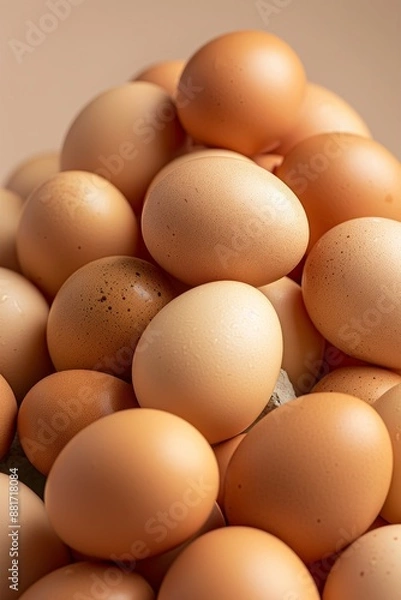 Fototapeta A close-up image showcases a large heap of fresh brown chicken eggs. Each egg displays a natural, speckled pattern, varying in shades of brown. The smooth, unblemished shells suggest the eggs are fres