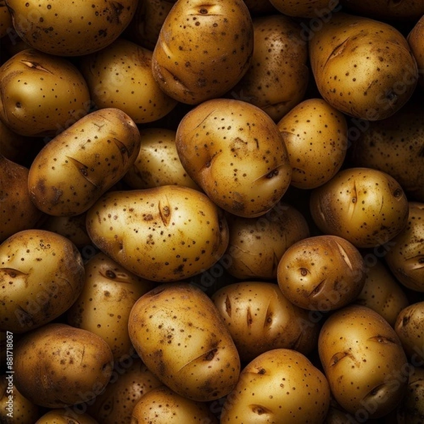 Obraz A pile of rustic potatoes is shown, featuring earthy textures and natural variations in color. The potatoes are a mix of golden and brown hues, with some soil remnants highlighting their farm-fresh or