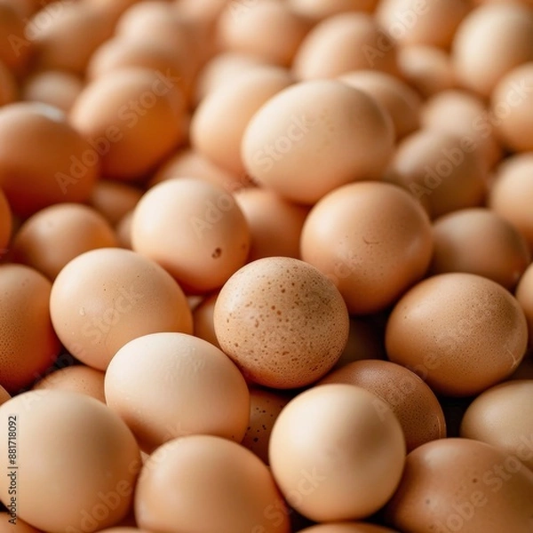 Obraz A close-up image showcases a large heap of fresh brown chicken eggs. Each egg displays a natural, speckled pattern, varying in shades of brown. The smooth, unblemished shells suggest the eggs are fres