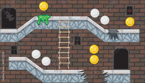 Fototapeta Seamless editable room with brick wall for platform game design