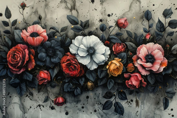 Fototapeta パネルの壁アート、壁の装飾、花のデザインの大理石の背景