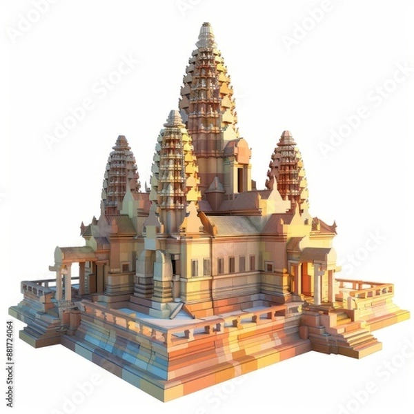 Fototapeta 3D Render, Low Poly style of a Cambodian Angkor Wat temple, on isolated white background, Generative AI