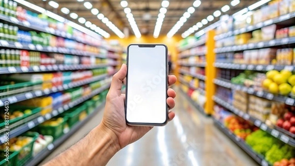Obraz phone in hand with blank white screen in supermarket, smartphone and store, AI
